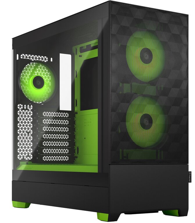 Grün-schwarzes PC-Gehäuse mit Glaswand, leer