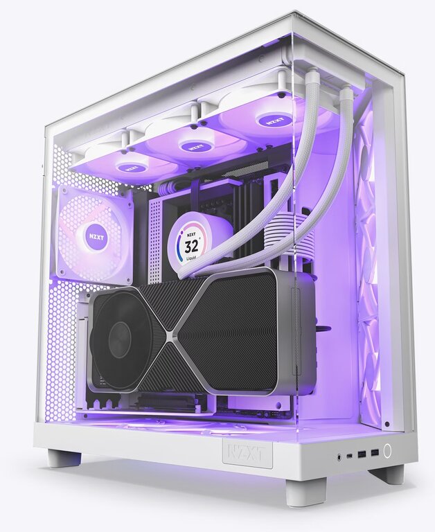 Gaming-PC in weiß mit lila Beleuchtung, NZXT H6